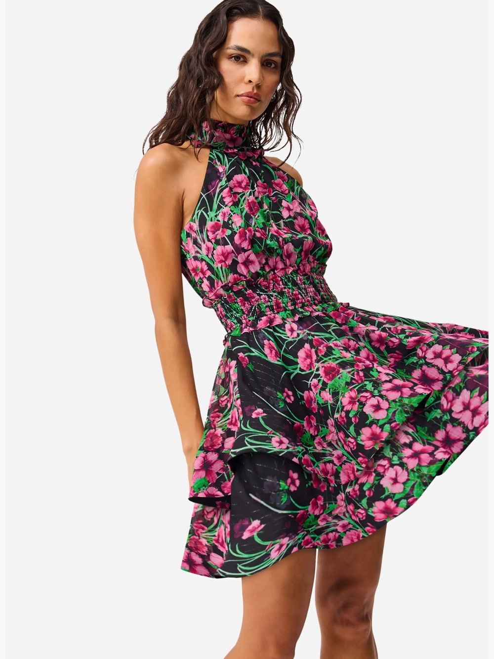 Elliatt Estelle Metallic Floral Smocked Waist Fit & Flare Minidress